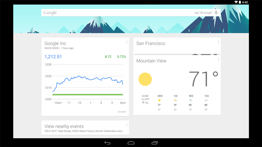 Google Now gebruikt
een card design voor het weergeven van de aandelenkoers en het weer