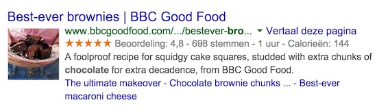 Een rich
snippet van het recept van en chocolade brownie, zoals getoond door
Google