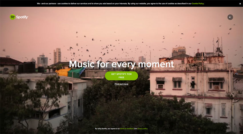 De homepage van
Spotify draait video's af