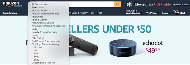 Het zoekbereik van Amazon
staat standaard op de gehele website. Daarnaast hebben bezoekers de
mogelijkheid hun zoektocht te beperken tot een bepaalde categorie producten.